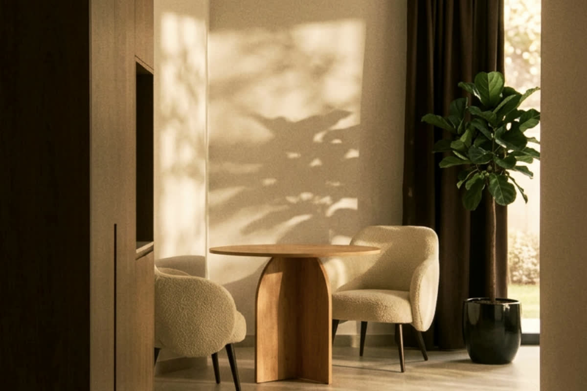 The lounge: armchairs, a table and leaf shadows on the wall