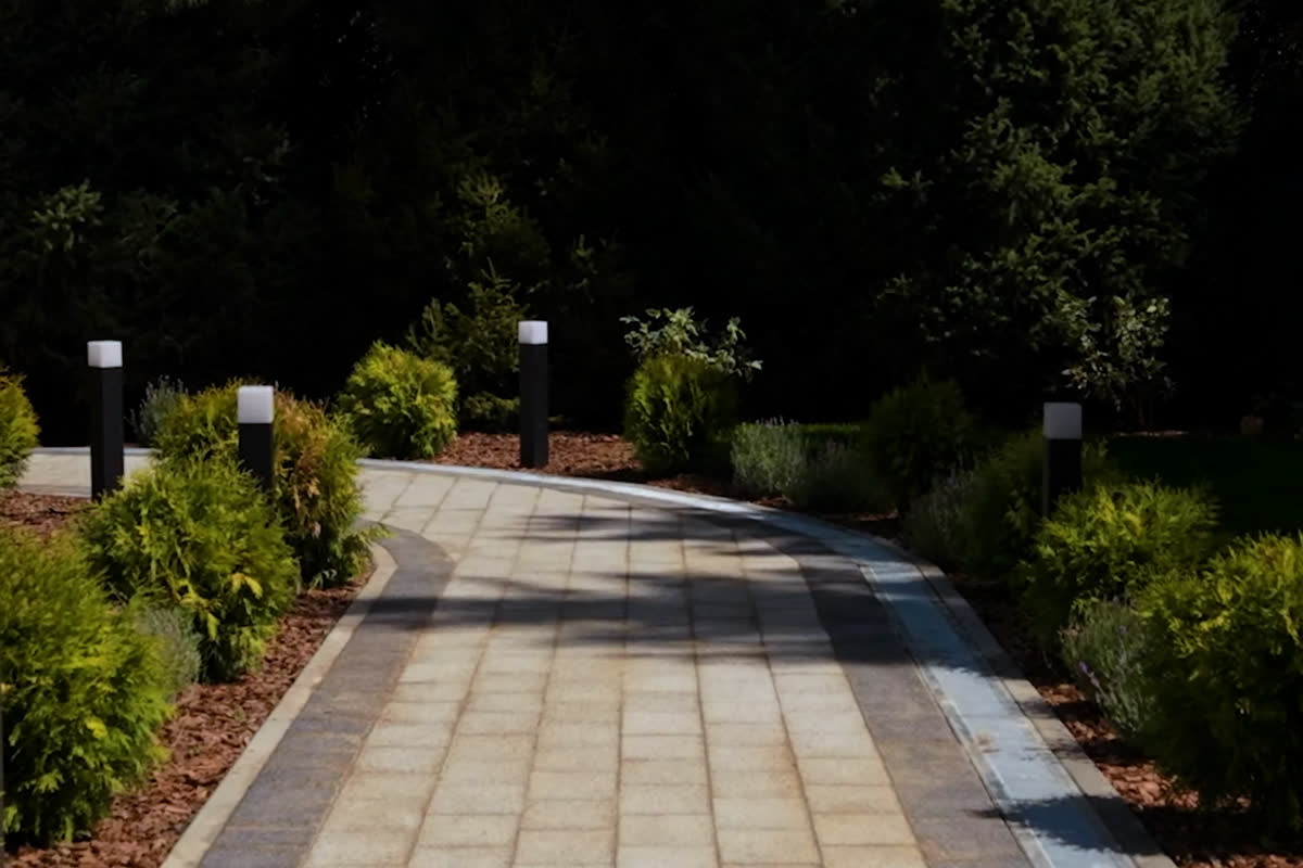 A lit path through the greenery outside the centre